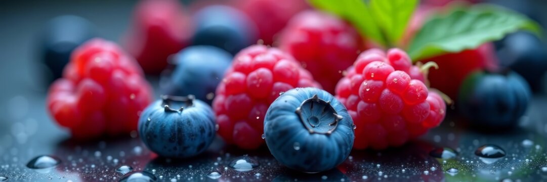 Close-up of vibrant blueberries and raspberries with dew drops on surface, blueberries, raspberries - Powered by Adobe
