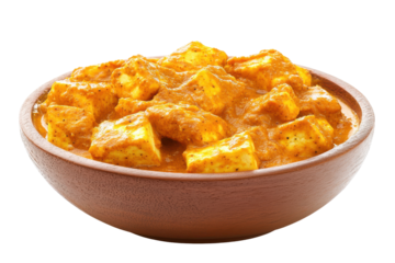 A dish of paneer cubes in orange sauce, presented in a wooden bowl on a dark background