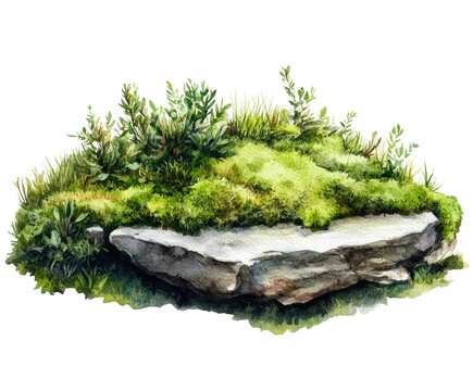 Moss-covered rock formation nature scene watercolor isolated on transparent background