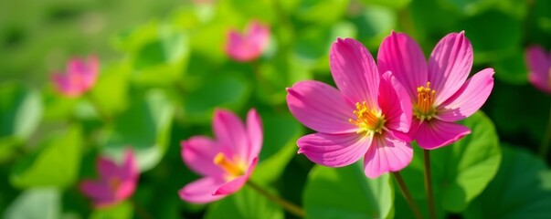 Obraz premium Close-up of vibrant lotus corniculatus flowers on lush green foliage, petals, summertime, beauty