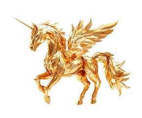 Golden winged unicorn sculpture fantasy modern gallery elegant isolated on transparent background