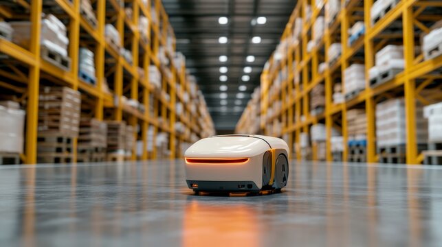 A futuristic logistics center using AI for inventory tracking, autonomous warehouse robots sorting and transporting goods with precision,