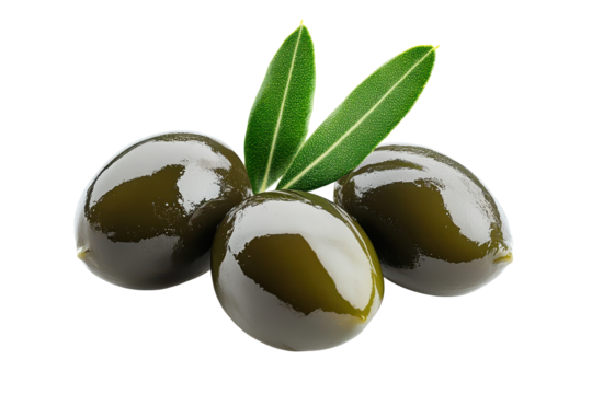 Close-up image of three dark green olives, glistening with a glossy sheen, set against a plain background with leaves.  They are positioned in a way that showcases their form and texture.