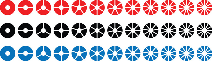 Pie chart set. Circle section graph. 1,2,3,4,5,6 segment infographic. Pie chart divided 1,2,3,4,5,6,7,8,9,10,11,12 equal parts. Ring percentage diagram collection	