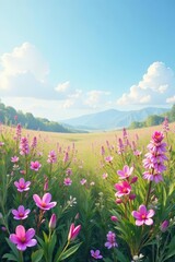 Fototapeta premium Pastel pink and purple wildflowers blanket a tranquil scene beneath a clear azure sky , floral background, country landscape
