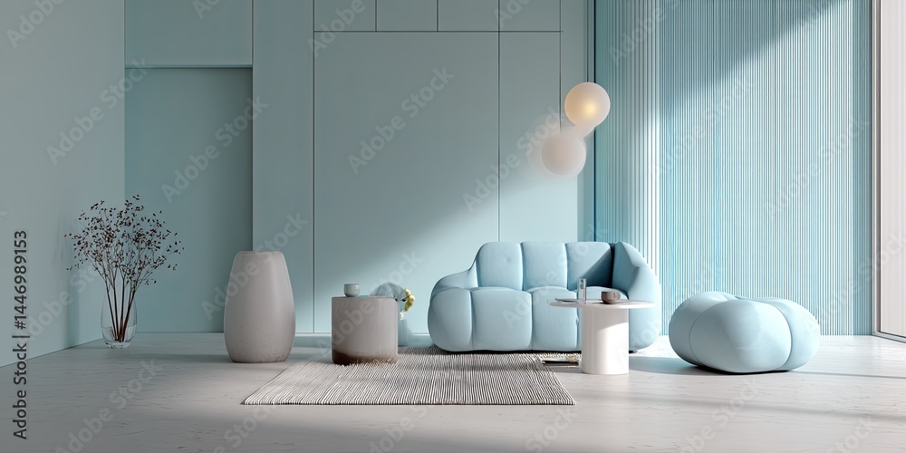 Poster minimalist design with soft pastel blue and white shapes on smooth surface for modern interior and c