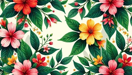 Intricate botanical repeat; lush leaves, vibrant blooms, wallpaper, foliage