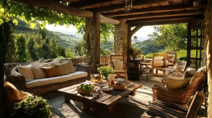 Fototapeta premium Outdoor living space with wooden furniture and natural surroundings