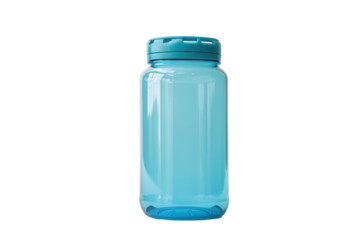 Transparent blue bottle with blue cap, against a dark background. Perfect for content