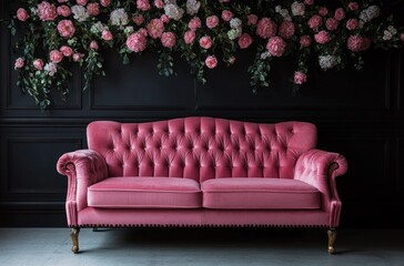 Obraz premium A stylish, antique-inspired, pink velvet sofa in a room adorned with floral arrangements.