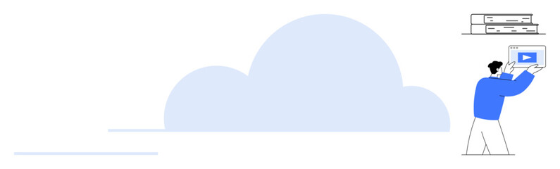 User uploads video file into cloud infrastructure with shelves of organized documents. Ideal for data management, file sharing, remote storage, cloud computing, digital organization, content access