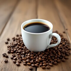 Fototapeta premium Coffee Beans and Coffee Cups on Rustic Wooden Background. Cafe and Beverage Photography