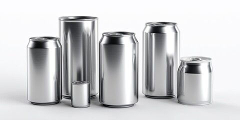 Various Sizes of Blank Aluminum Cans Isolated on White Background for Beverage Industry or Product Design Visualization