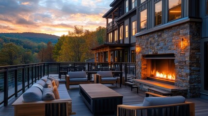 Outdoor lounge furniture on hotel deck with fireplace