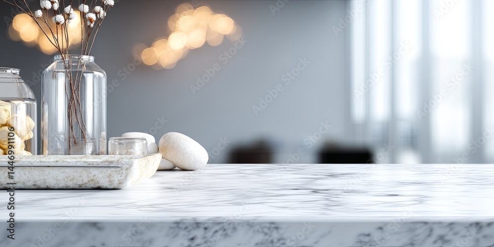 Aufkleber Bright and Elegant White Marble Tabletop with Soft Bokeh Background for Stylish Presentations and Photography Projects