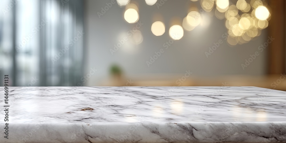 Poster bright and elegant white marble tabletop with soft bokeh background for stylish presentations and ph