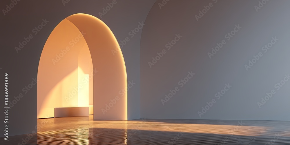 Poster Minimalist interior with a soft glowing arch against a clean wall creating a modern and airy atmosphere expressing simplicity and elegance