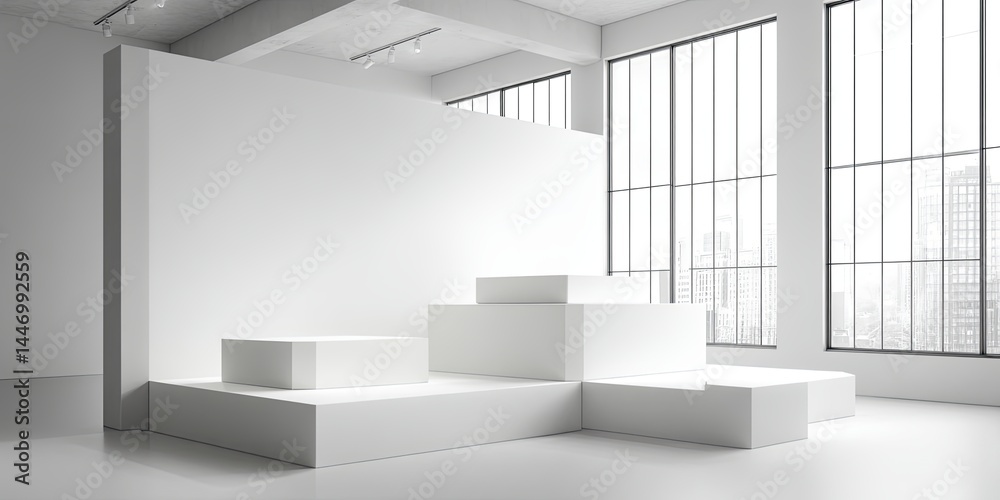 Aufkleber Minimalistic white display platforms in a bright, empty space, ideal for product showcases, branding presentations, or modern design displays, studio shot