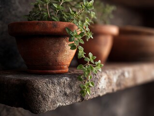 Oregano plant with small rounded leaves growing in a terracotta pot, placed on a rustic garden shelf.