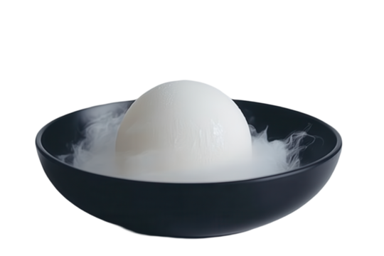 White spherical object nested in fluffy, misty substance, held within a dark bowl
