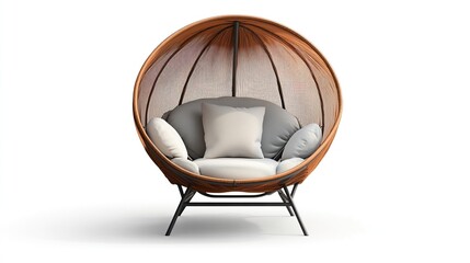 Spherical wooden cocoon chair with cushions.