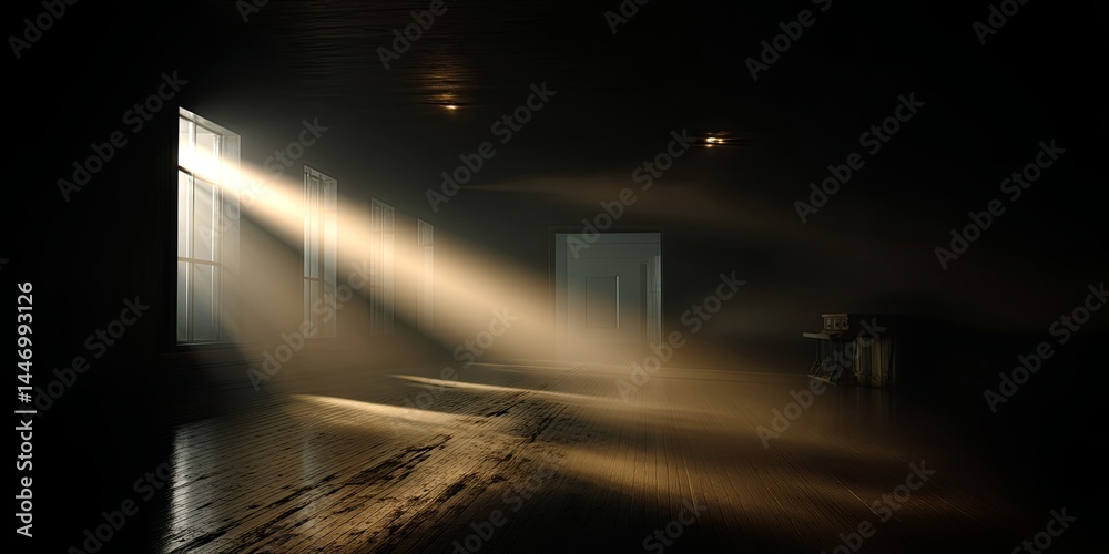 Aufkleber Dark and Mysterious Room with Mysterious Light Beam Illuminating Empty Space and Foggy Atmosphere Creating an Eerie and Atmospheric Scene