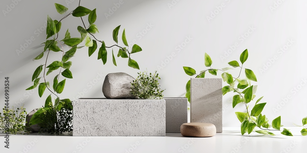 Poster minimalist display of natural stone on a clean white background surrounded by fresh green leaves for