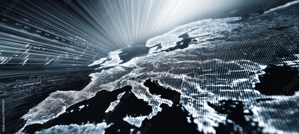 Poster Map of Europe with glow light. Generative AI technology.	
