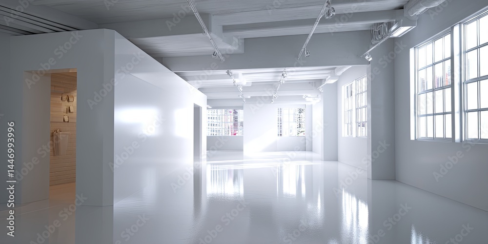 Aufkleber empty minimalist white studio space with smooth surfaces, ideal for displaying products, art pieces,
