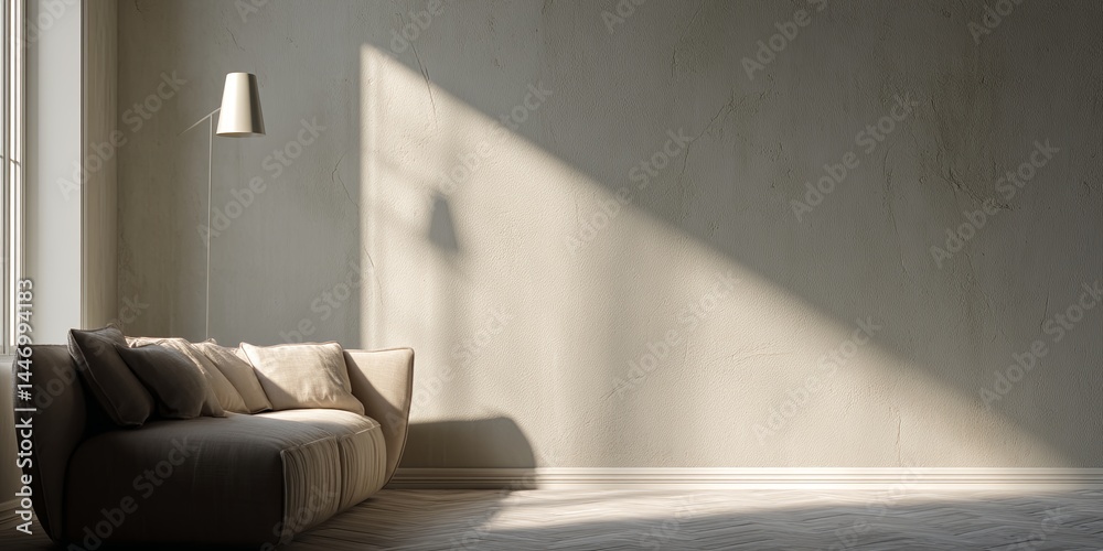 Poster soft light and shadow play on neutral wall in minimalist interior setting with subtle warm tones for
