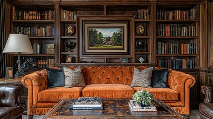 Luxurious Study with Bookshelves & Sofa