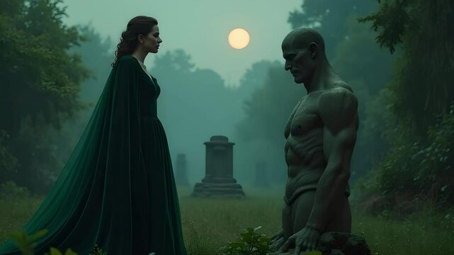 A regal woman in a dark green velvet gown standing beside a cursed prince turned to stone in a moonlit garden