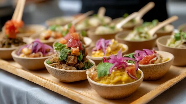 An impressive array of gourmet bite-sized dishes elegantly arranged on a wooden tray, showcasing culinary artistry and vibrant colors in a delightful tasting experience for guests.