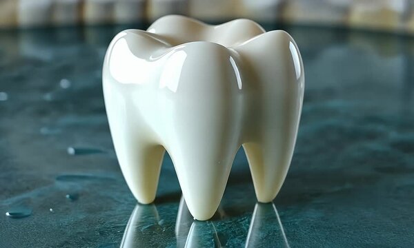 Realistic molar on wet surface, detailed tooth anatomy, dental model