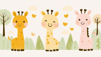 Obraz premium Delightful Giraffe Trio in a Pixelated Meadow Enchanting Pastel Hues for Childrens Decor Nursery Art and Playful Wall Decor Engaging Graphic Element