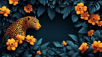 Naklejka premium Vibrant floral arrangement with pixelated jaguar, featuring vivid orange flowers amidst dark foliage and leaves, creating a captivating jungle atmosphere backdrop