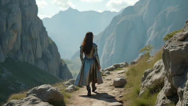 A dragon clutching a kidnapped princess as a fearless woman in silver armor gives chase across a cliff