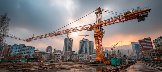 Tower cranes at construction development site. Generative AI technology.	
