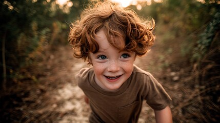 Happy boy with ginger curls in natural light