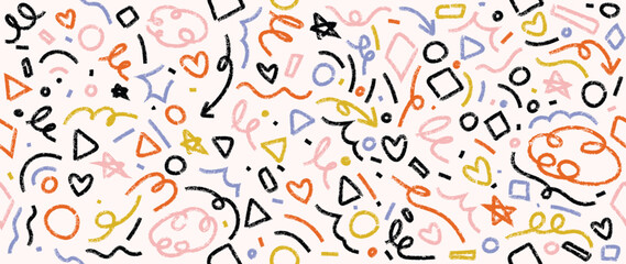 Fototapeta premium Fun colorful childish doodles seamless pattern vector. Abstract wallpaper design for print, home decoration, fabric and textiles. 