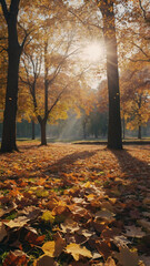Obraz premium golden brown and maple leaves lying on the ground beneath trees with warm sunlight filtering through creating an autumn landscape atmosphere Premium Seasonal Landscape Nature Photography