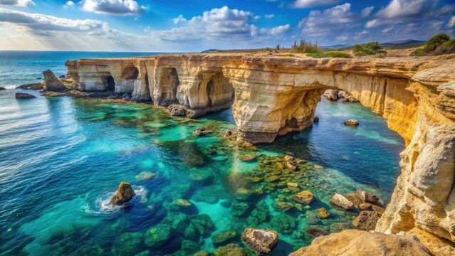 Ancient stone arches and sea caves in a dramatic coastal landscape near Cape Greco in Ayia Napa and Protaras
