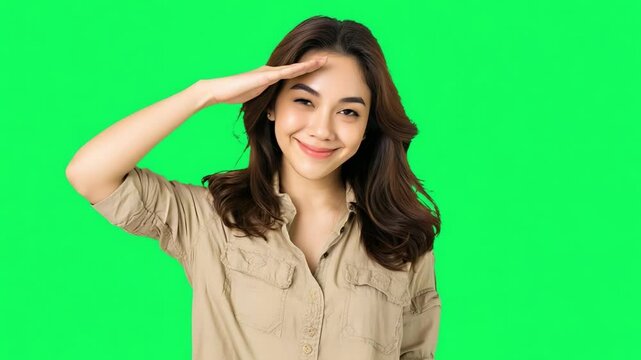 Graceful Salutation: A young woman, radiating positivity, offers a salute with a serene smile, her gesture signifying respect, acknowledgement, or simply, a friendly greeting.