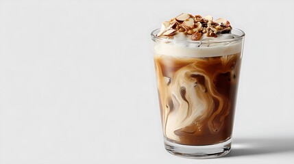 Iced coffee is topped with whipped cream and nuts