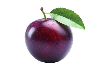 Solitary, deep purple plum with a verdant leaf is centrally positioned against a plain background, showcasing the fruit's rich color and details.