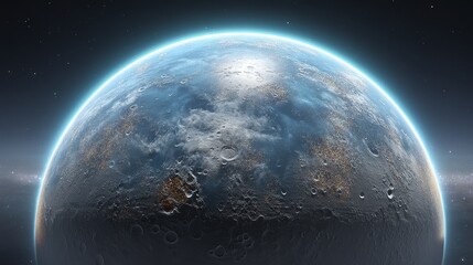 Spectacular cosmic scene featuring a vibrant blue planet, against a backdrop of distant stars - abstract pattern background texture design