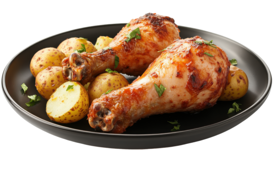 Plated chicken drumsticks with potatoes, parsley, on dark dish. Delicious and appetizing meal - Powered by Adobe
