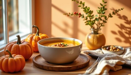 Tempting pumpkin soup in the homely corner on a soft orange background, in a clean food photography style, with morning light radiance, spacious layout, high resolution