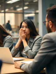 Shy nervous bashful female employee feels embarrassed blushing afraid of public speaking at corporate group team meeting, timid stressed woman hiding face during awkward moment reporting in office