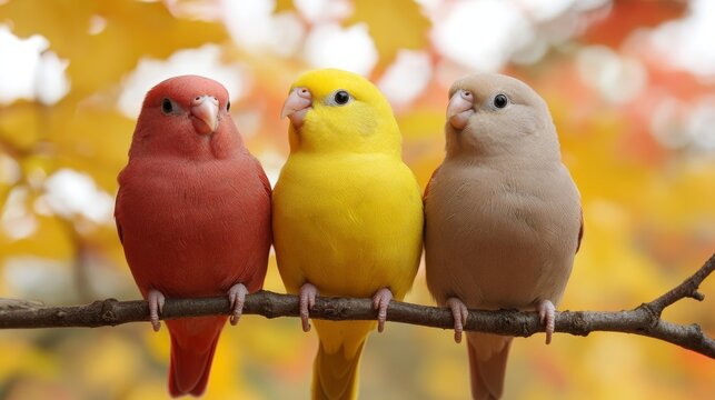 Three vibrant canaries perched amicably on a branch amidst blurred autumn foliage creating a cheerful and harmonious avian portrait scenery